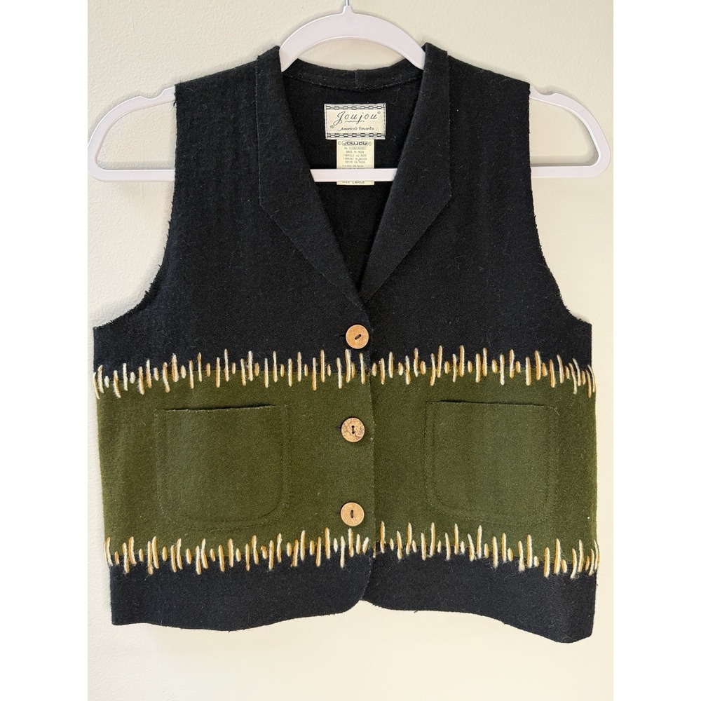 Vintage Joujou Wool Blend Vest Black Olive Green Button Up Earthy Size Large